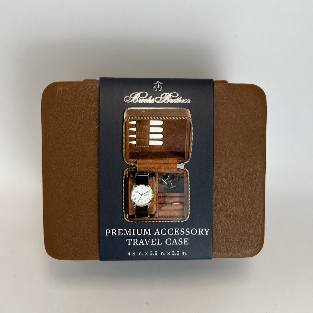Brooks Brothers Brown Leather Zippered Premium Accessory Travel Case Watch Rings